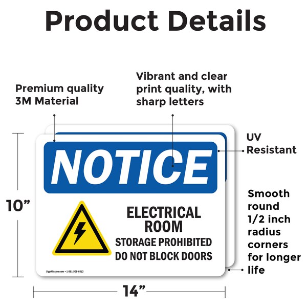 Electrical Room Storage Prohibited Sign With Symbol, 14 In W X Rectangle, Vinyl Decal